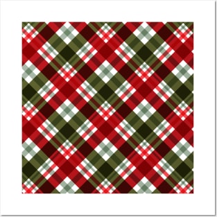 Red Cream and Green checked Tartan diagonal Plaid Pattern Posters and Art